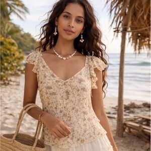 Guess Jeans Floral Silk Tank Top Womens XL Beige Boho Cottagecore Fairy Y2K 90s